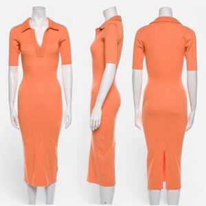 Caroline Constas Ribbed Knit Orange Crochet Polo Collar Midi Dress Medium